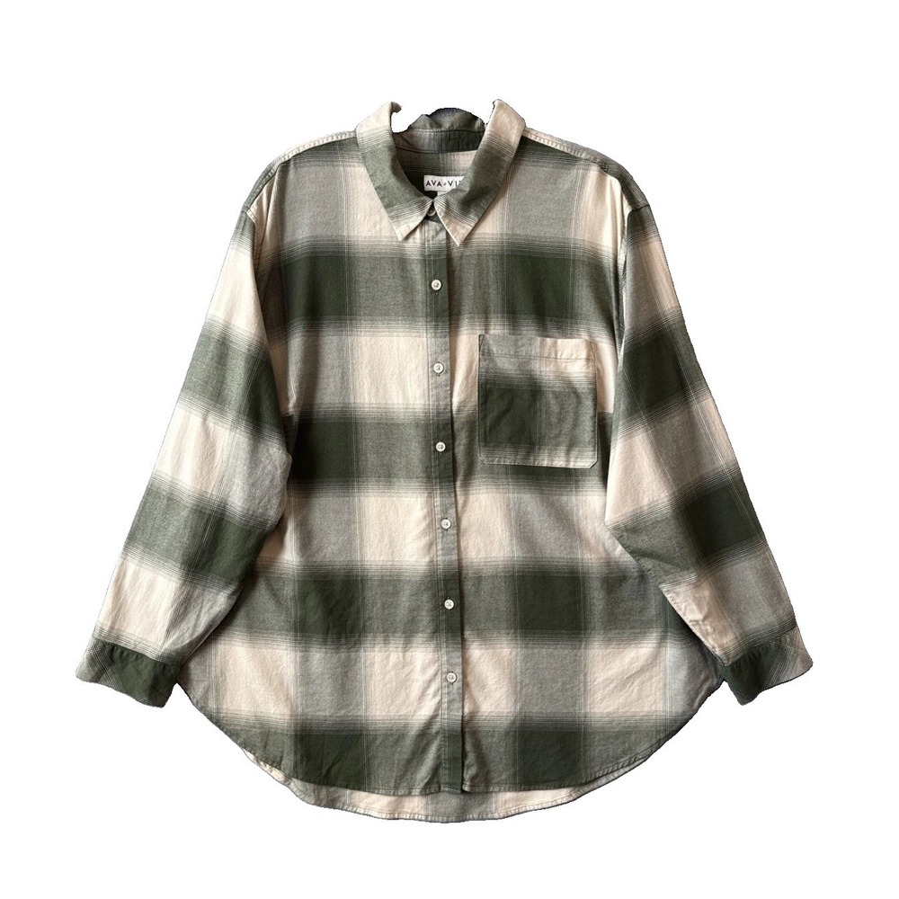NWT Ava Viv Plaid Flannel Button Down Shirt Green Cream Plus 1X Soft Shacket
